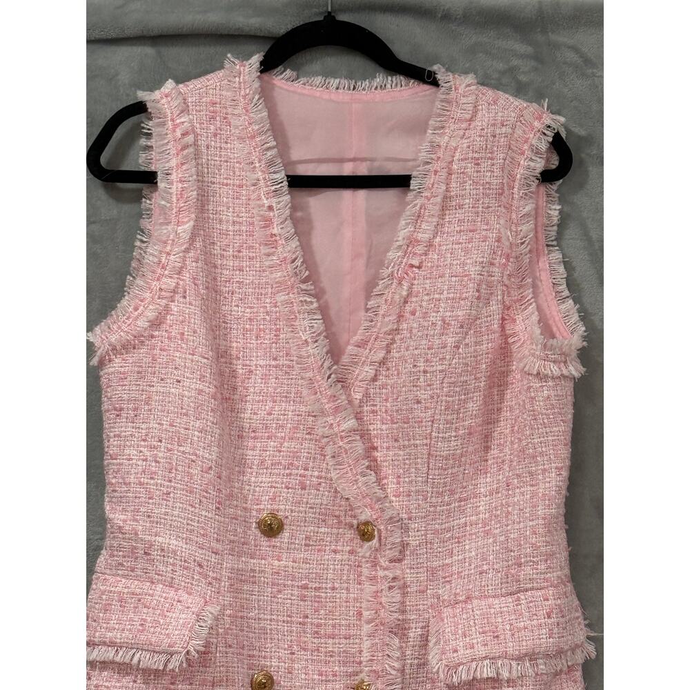 Pink Boucle Tweed Blazer Dress Fringe Gold Button Coquette Old Money Mini Paris - Picture 8 of 13